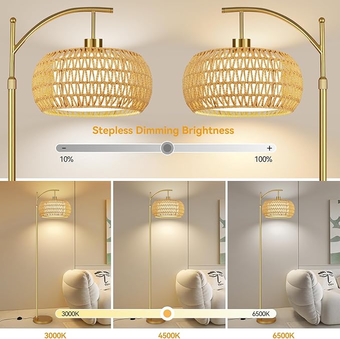 Gold Floor Lamps for Living Room Rattan Boho Floor Lamp with Remote Control,Dimmable Arc Floor Lamp Wicker LampShades Brass Standing Lamp with 3 Color Temperature Tall Floor Lamps For Bedroom Corner