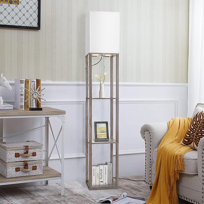 Floor Lamp with Shelves，Wood Corner Floor Lamps for living room tables with 3 CCT LED Bulb,Modern Display Bookshelf Nightstand Lamps,Column Standing Lamp for Bedroom Office Home Decor-Rustic Wood