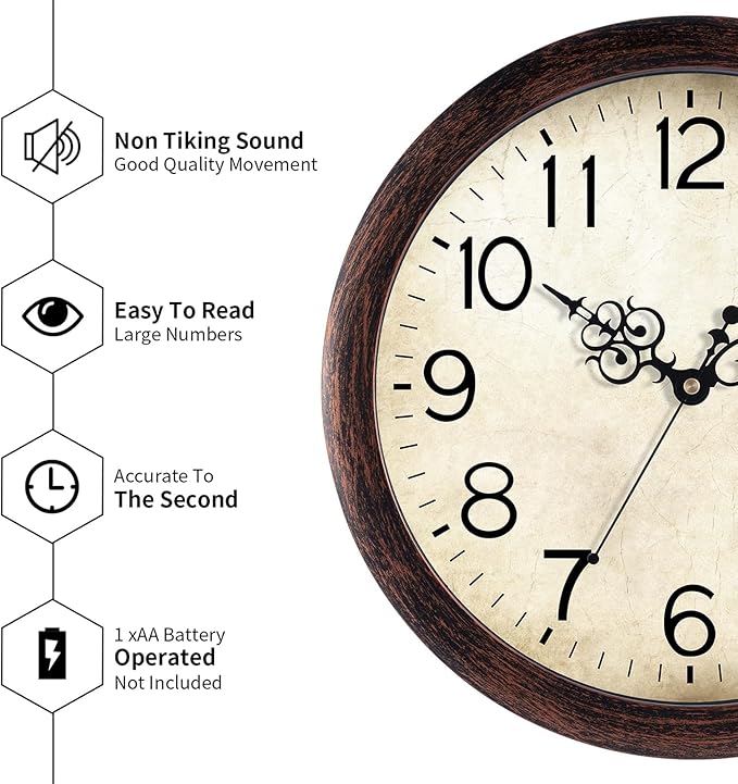 Wall Clock, Vintage Wall Clocks Battery Operated Quartz Silent Non-Ticking 8 Inch Retro Rustic Style Clock Decorative for Kitchen,Bathroom Home Office (Bronze)