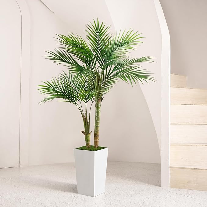 Fake Palm Tree 5FT - Artificial Plants with White Tall Planter, Faux Tropical Golden Cane Palm Tree with Two Trunks and 18 Realistic Palm Leaves, Indoor Floor Plants for Living Room Office Decor