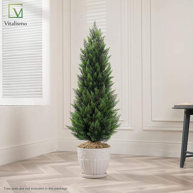 Artificial Topiary Cedar Trees 4FT Tall 2 Set, Outdoor Indoor Faux Pine Shrubs Plants, Realistic Fake Plants Front Porch Decor, Artificial Bushes Cypress for Home Front Door Offices