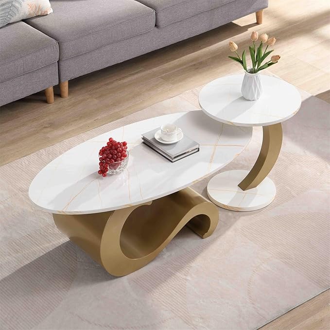2 Piece Living Room Set, Modern Nest Coffee Table Set of 2, Faux Marble Tabletop Oval Coffee and End Table Set with Gold Iron Geometric Base