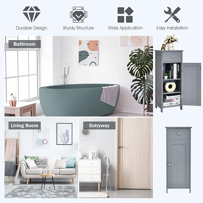 GLACER Floor Storage Cabinet, Multifunctional Bathroom Storage Cabinet with 2 Adjustable Shelves, Ideal for Bathroom, Living Room, 14 x 12 x 34.5 inches (Grey)
