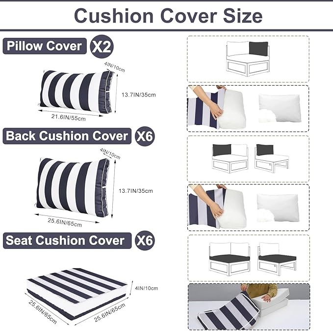 Outdoor Furniture Replacement Cushions, 14 Pcs Water-Resistant Replacement Sofa Cushion for Patio Garden Porch (Liner&Cover,Only Cushions No Sofa) (Navy Blue and White Stripes)
