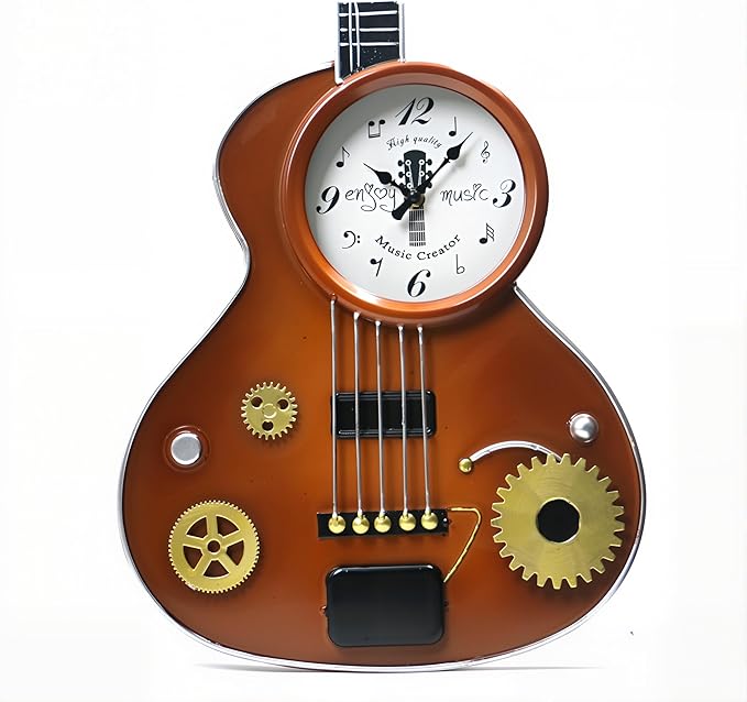Guitar Wall Clock – Retro Brown Metal Guitar-Shaped Clock with Gears, Silent Non-Ticking, Music Room Decor for Musicians, Music Lovers, Men, Teens, 16"
