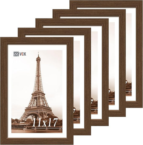 VCK 11x17 Picture Frame 5 Pack, Brown Wood Poster Frame with Exclusive Wood Grain, Wall Hanging
