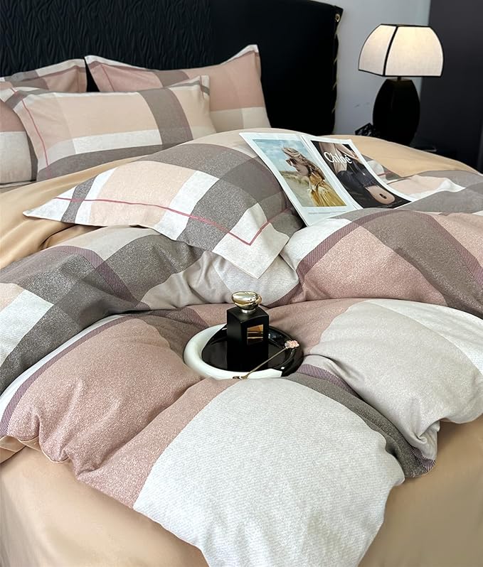 VM VOUGEMARKET Brushed Cotton Duvet Cover Set King,Brown Plaid Geometric Duvet Cover Matching 2 Pillow Shams,Soft Warm Cozy Bedding Set for Men Women