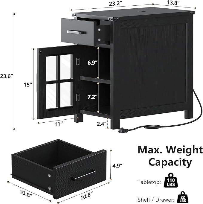 Farmhouse End Table with Charging Station and 1 Storage Cabinet, 1 Drawer, Black Wood Nightstand Narrow, Skinny Side Table, Slim Bedside Table, Small Nightstand for Bedroom, Living Room, Sofa