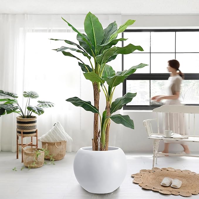 13.5 H x 17" Dia (12" Pot Opening) White Round Fiberstone Tall Planter with Drainage Hole, Indoor/Outdoor Large Plant