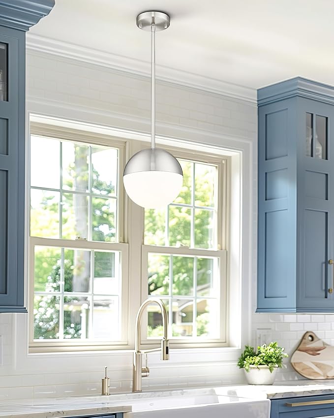 LMS Farmhouse Pendant Light Fixtures, Brushed Nickel Pendant Light with Globe Glass, Adjustable Hanging Lighting for Kitchen Island, Bedroom, Bathroom, LMS-203