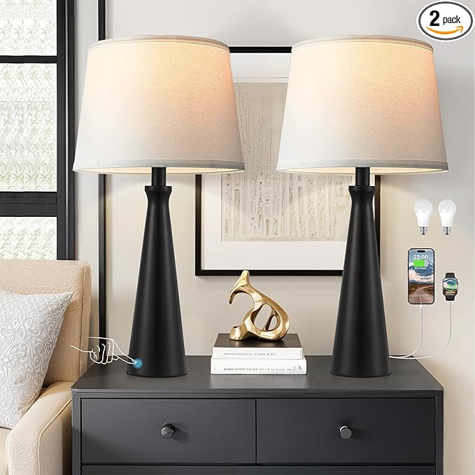 Seealle Modern Table Lamps Set of 2 - Touch Bedside Lamp for Nightstand with USB C+A,3-Way Dimmable Black Nightstand Lamps for Living Room Bedroom End Table(Bulb Included)