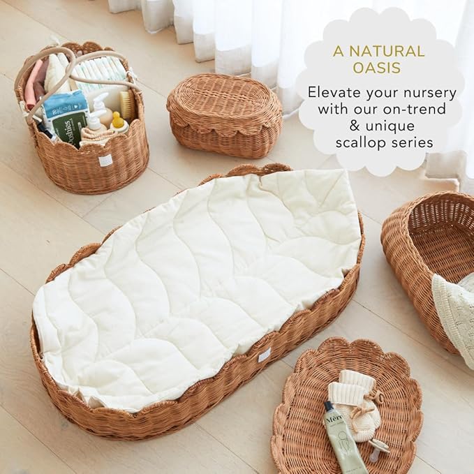 BEBE BASK Premium Baby Diaper Caddy Organizer - Handmade & Award-Winning Scalloped Rattan Basket - Luxury Diaper Caddy Basket - Elegant Scalloped Edge (Mocca)