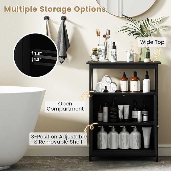 GOFLAME Bathroom Cabinet, Floor Storage Organizer with 2 Doors, 2 Open Shelves, 3-Level Adjustable Shelf, Modern Storage Unit for Laundry Room, Entryway, Living Room, Black