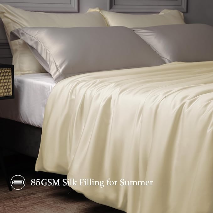 CUDDLE DREAMS Lightweight Silk Filled Comforter for Summer, Detachable Tencel Duvet Cover for Easy Care, Naturally Breathable (Ivory, King)