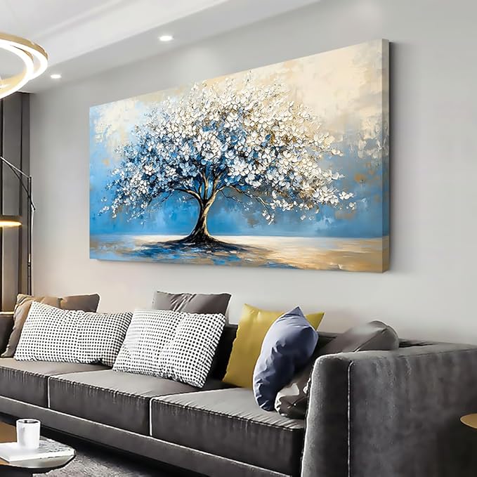 Contemporary Tree of Life Wall Art for Living Room Office Navy Blue White Floral Canvas Painting Prints Nature Artwork over the Couch Bedroom Decor (20x40 Inches)
