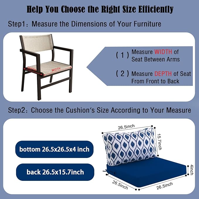 idee-home Outdoor Cushions for Patio Furniture, Outdoor Seat Cushion, Waterproof Hampton Bay Deep Seat Replacement Couch Chair Cushions for Garden Lawn Backyard Deck, 26.5 x 26.5 Navy Blue Pattern