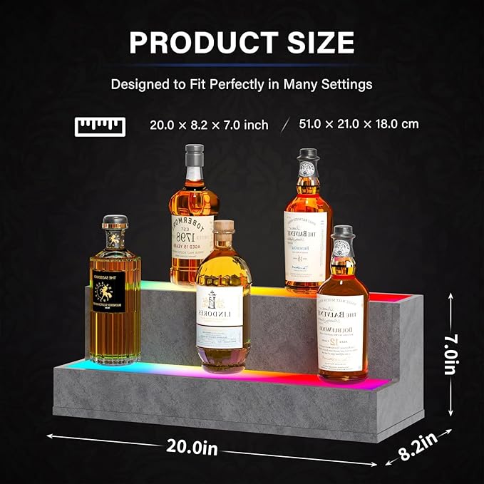 LED Lighted Bar Shelves, 20 Inch Bar Display Shelf, Liquor Bottle Display Shelf with App & Remote Control, 2 Step Freestanding Holding Bottles for Home Bar, Party, Grey