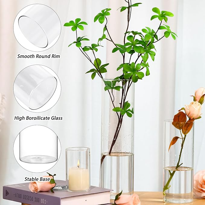 Fixwal 12pcs Clear Glass Cylinder Vases, 4, 8, 12 Inch Tall Cylinder Vases for Centerpieces, Glass Flower Vase Floating Candle Holder Vase for Table Shelf, Party, Wedding, Home Decor