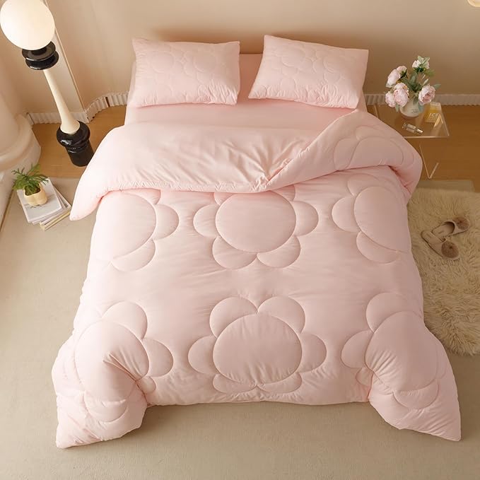 Luxlovery Pink Sunflower Comforter Set Queen Light Pink Quilted Boho Farmhouse Blush Bedding Comforter Set Boho Vintage Soft Breathable Comforter Women Girls