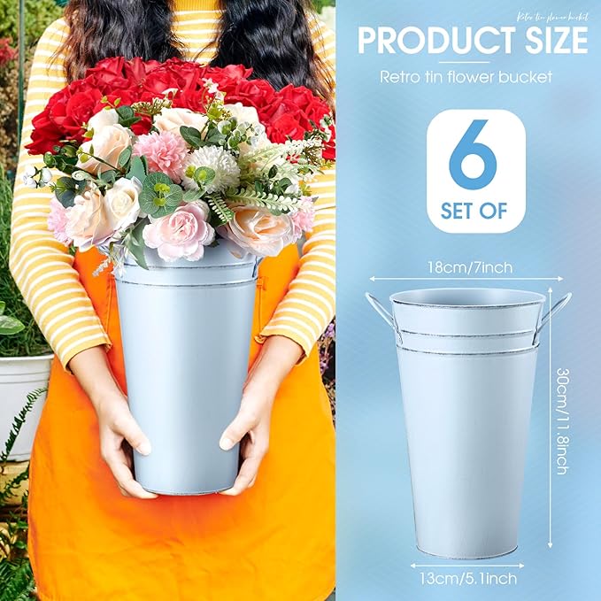 Irenare 12 Inch Vintage Galvanized Flower Bucket Metal Flower Vase Farmhouse French Bucket Planter Metal Floral Container for Party Table Centerpiece Weddings Home(Pale Blue,6 Pcs)