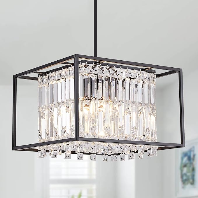 Modern 4-Light Dining Room Chandelier,Farmhouse Black Metal Chandelier,Crystal Square Industrial Pendant Light Fixture for Kitchen Island Living Room Foyer Hallway Entryway 15.75"