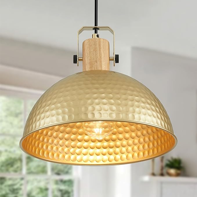 12 Inch Gold Pendant Lights Hammered Matte Pendant Lights for Kitchen Island Industrial Farmhouse Adjustable Height Dome Hanging Light Fixtures for Barn, Dining Room 1 Pack