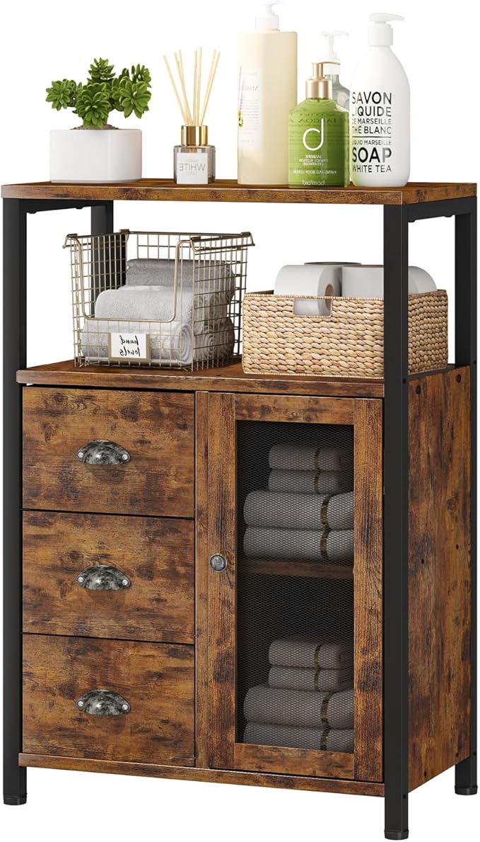 Homeiju Bathroom Floor Storage Cabinet Organizer with 3 Removable Drawers and 1 Door, Industrial Floor Storage Cabinet for Kitchen, Living Room, Bathroom, Home Office