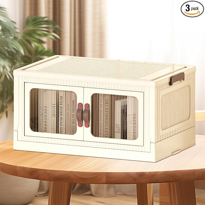 Stackable Storage Bins 55 Qt, Folding Storage Bins with Lids and Doors, Open Front Folding Storage Box with Wheels Plastic Storage Containers Closet Organizers Home Beige (1 Tier)