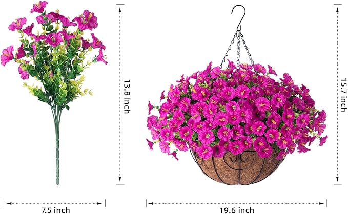 Artificial Fake Hanging Flowers Plants in Basket for Outdoor Decoration, 12 Pcs Faux Morning Glory in Planter Realistic UV Resistant Silk Flowers for Home Porch Patio Balcony Yard Outside, Fuchsia