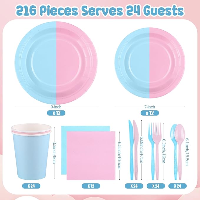 durony 216 Pieces Baby Gender Reveal Party Tableware Set Serves 24 Guests Pink Blue Paper Plates Boy or Girl Gender Reveal Plates Napkins Paper Cup Cutlery for 1st Birthday and Baby Shower Decorations