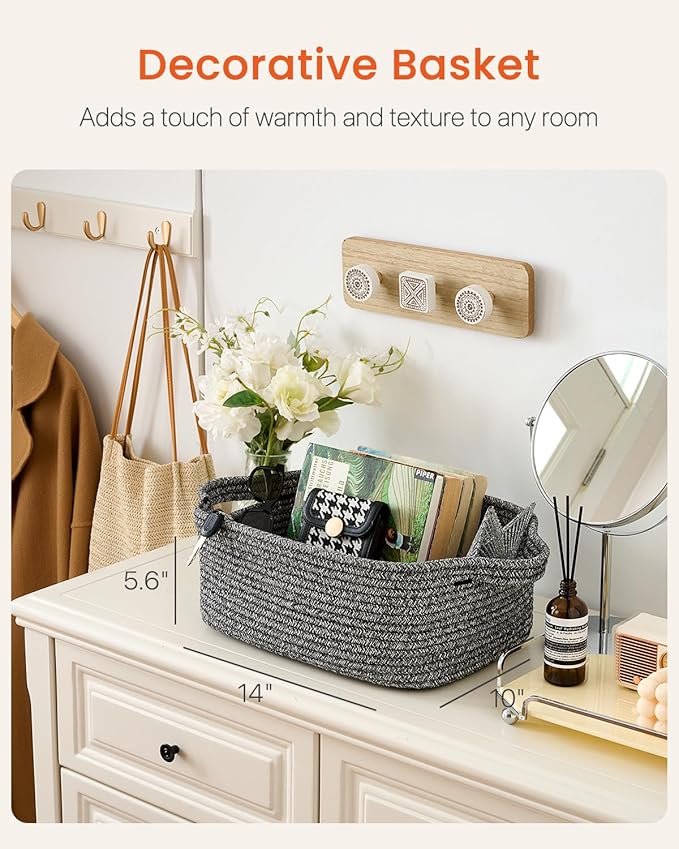 KALLAX Small Woven Basket, 14 x 10 x 5.6 Inches, Small Storage Baskets for Organizing, Gift Baskets Empty, Cute Rope Shelf Closet Storage Bins for Shelves, Dog Toy Basket, Mixed Black