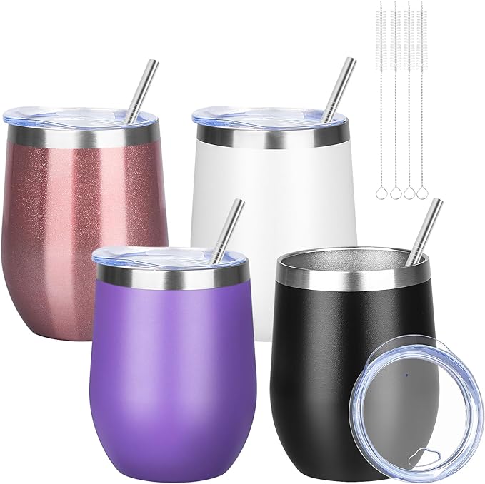 12oz/4 Pack Wine Tumbler Glasses with Lid Stemless Double Wall Vacuum Stainless Steel Travel Tumbler Keeping Cold & Hot for Wine,Coffee,Cocktails,Drinks-Family and Gifts (Multi color-4)