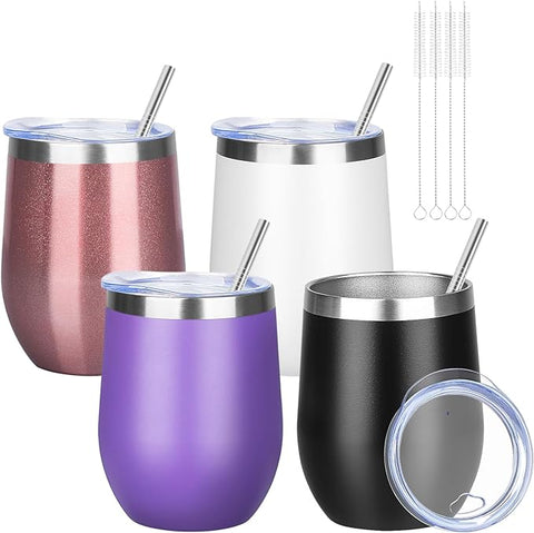 12oz/4 Pack Wine Tumbler Glasses with Lid Stemless Double Wall Vacuum Stainless Steel Travel Tumbler Keeping Cold & Hot for Wine,Coffee,Cocktails,Drinks-Family and Gifts (Multi color-4)