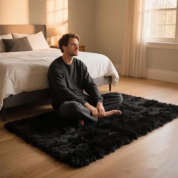 Black Fluffy 9x12 Area Rug for Living Room, Plush Shag Rugs for Bedroom, Large Soft Furry Carpets for Kids Room, Modern Indoor Nursery Carpet for Classroom Dorm Cozy Comfy Home Decor
