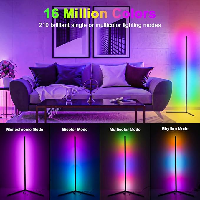Corner Floor Lamp, Smart Adiust RGB LED Lights with 20Million Colors & 800+ Modes, Music Sync, Timer Setting.Bluetooth App & Remote Control - ldeal for Living RoomsBedrooms, and Gaming Rooms