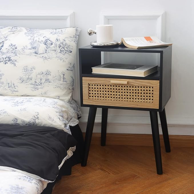 MaxSmeo End Table with Storage Mid Century Nightstand with Rattan Drawer and Shelf, Wood Small Side Coffee Table for Small Space, Living Room and Bedroom, Easy Assembly (Black)