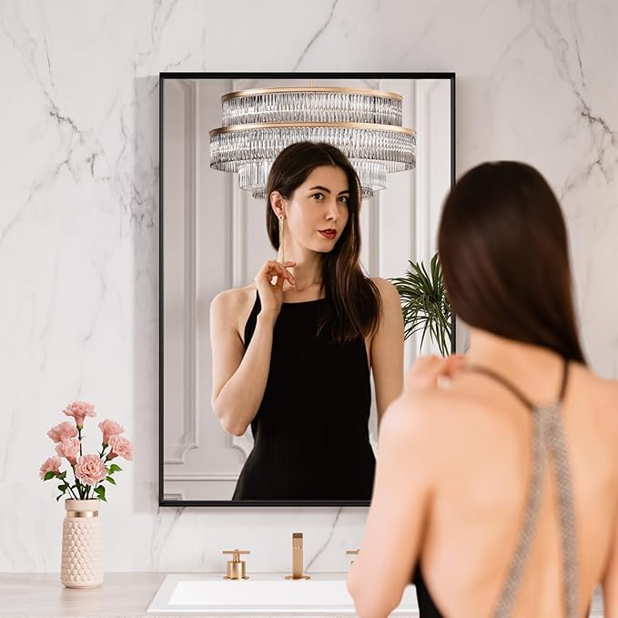 LOAAO Black Bathroom Mirror 28"X32" for Wall, Rectangle Bathroom Vanity Mirror, Hangs Vertically or Horizontally, Easy to Install, Modern Design
