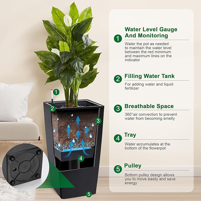 GAOMON 30" Tall Planter Set of 2,Heavy Duty Tall Planter,High Front Porch Planter Pots with Drainage Holes＆Water Level Monitor＆Inner Bucket, Automatic Watering,Indoor/Outdoor Grande Plant,Tree,Black…