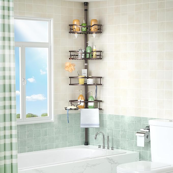 HAMITOR Corner Shower Caddy Tension Pole: Rustproof Stable 4-Tier Bathroom Organizer Shelves for Bathtub Shampoo Storage - 47-121 Inch Quick Install Adjustable Standing Rack with Soap Rack - Bronze