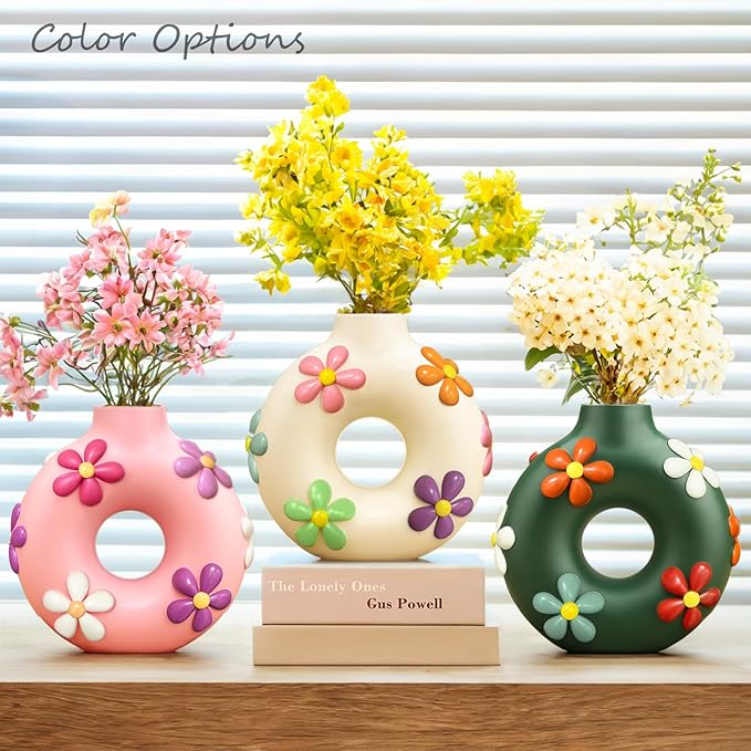 GUGUGO Colorful Cute Donut Vase for Flowers, Modern Boho Circle Flower Vase for Living Room Decor, Unique Decorative Hollow Round Flowers Vases, Eclectic Aesthetic Gardening Gifts, Dark Green
