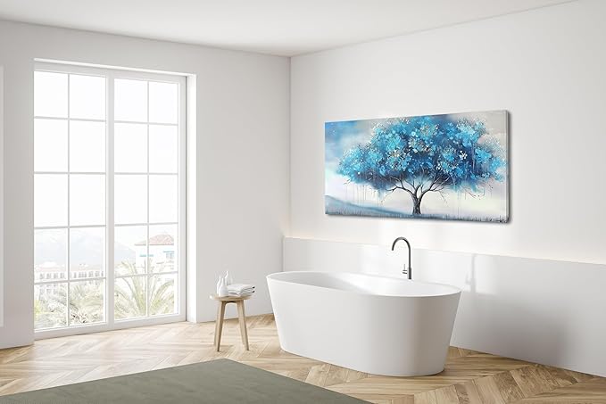 Blue Tree and White Petals Flowers Plants Wall Art Decor Artwork for Bedroom (30x60 Inches)