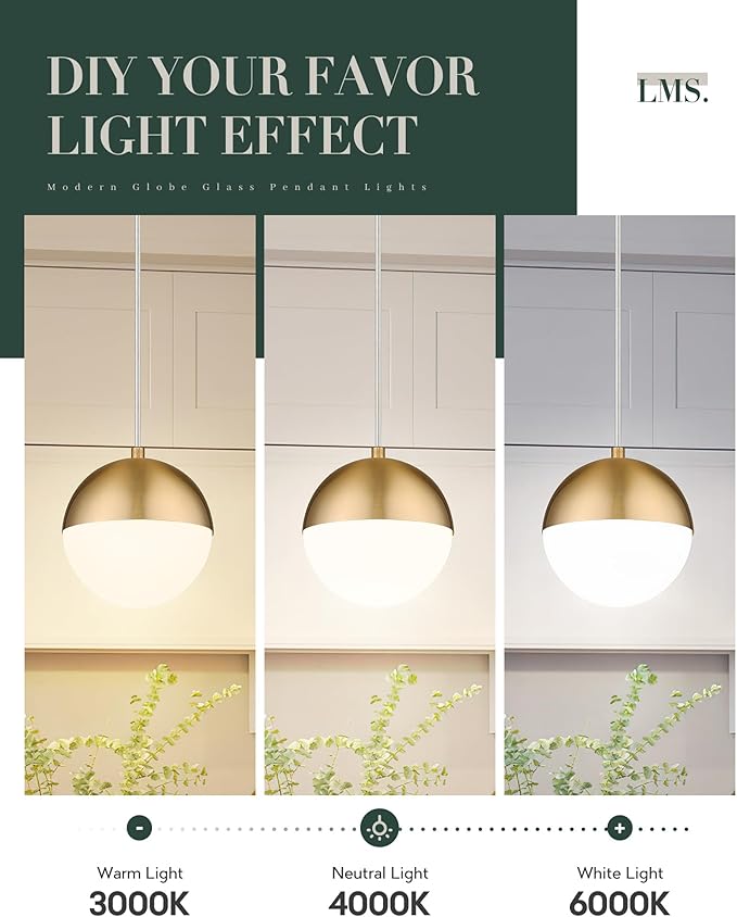 LMS Mid Century Pendant Lights, Brushed Gold Kitchen Island Light Fixtures with White Globe Glass Shade, Adjustable Hanging Cord, 2-Pack for Home Office Dining Room Bathroom, LMS-186PL-BGWS2PK