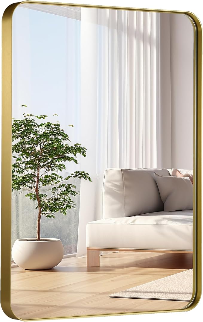 30x36 Inch Gold Bathroom Mirror, Brushed Metal Framed Rectangle Mirror with Rounded Corner, Gold Bathroom Vanity Mirror for Bedroom or Living Room, Horizontal/Vertical
