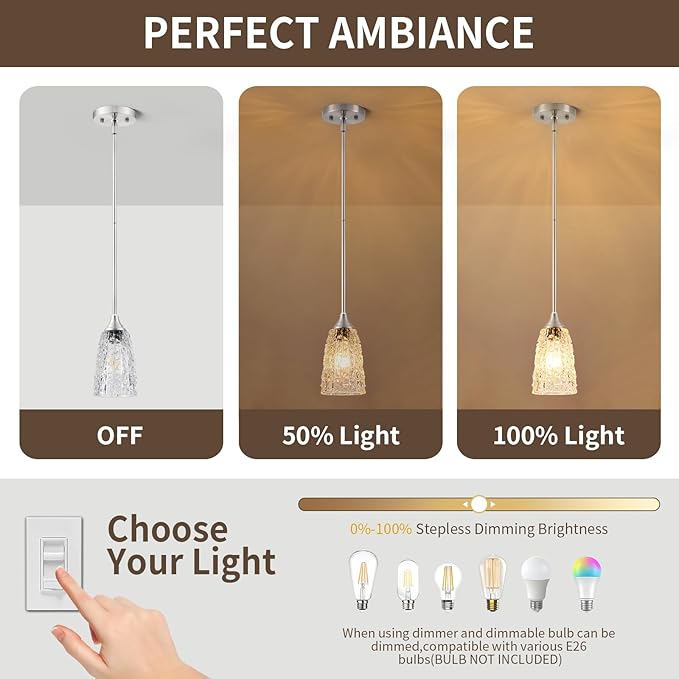 Brushed Nickel Pendant Lights Kitchen Island, 1-Light Hammered Glass Pendant Light Fixtures with Clear Glass and Rods, Modern Hanging Light for Kitchen Sink Dining Room Bedroom, E26