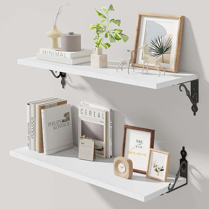 Floating Shelves for Wall, 24"W x 8"D Wall Shelves, 8 Inch Deep Floating Shelf with Bracket, 24 Inch Floating Shelves for Living Room and Bathroom, Display & Storage Shelves, White, Set of 2