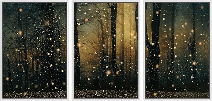 SIGNWIN Framed Wall Art Print Set Enchanted Forest with Fireflies Magical Night Woodland Photography Modern Art Closeup Relax/Calm Dark for Living Room, Bedroom, Office - 24"x36"x3 White
