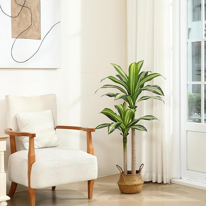 Artificial Plants, 4 Ft Dracaena Tree Faux Plants Indoor Outdoor Decor Fake Tree with Woven Seagrass Basket Plants for Home Decor Office Living Room Porch Patio Perfect Housewarming Gift