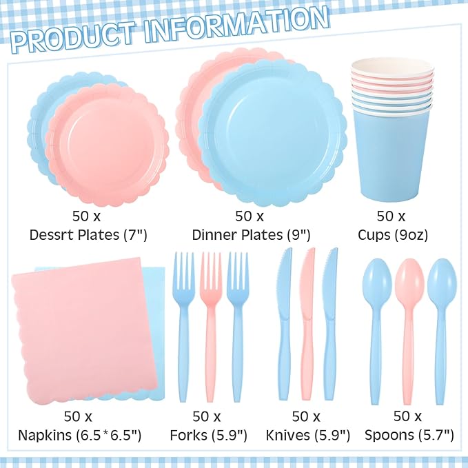 350 Pcs Pink Blue Plates and Napkins, 50 Guest Spring Party Supplies Include Scalloped Paper Plates Napkins Cups Plastic Spoons Forks Knives Disposable Tableware Set for Baby Shower