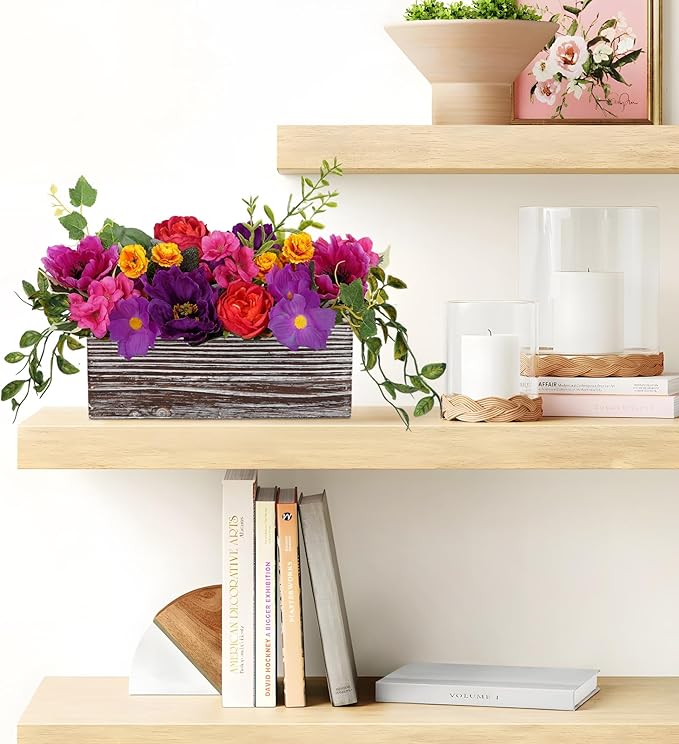 DILATATA Flower Arrangement with Wooden Vase 10" Artificial Flowers in Pot - Fake Flowers in White Rectangular Wooden Vase Potted Faux Flower Centerpieces for Table Decor Living Room - Purple