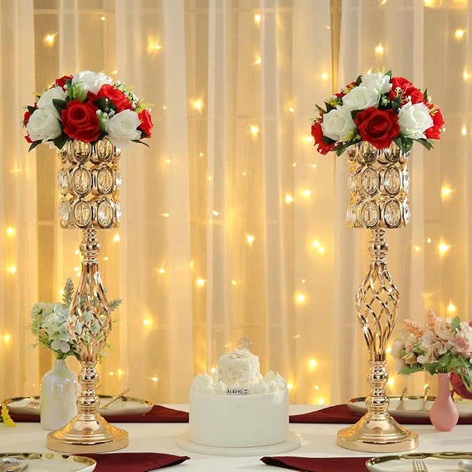 2pcs Gold Vases for Wedding Centerpieces for Tables, 24in Metal Diamond Crystal Flower Stand for Wedding Decorations for Reception Party Dining Room Living Room Decor